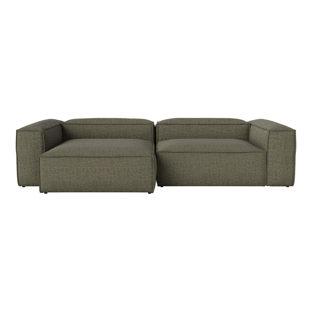 Olive green sectional sofa with a textured, subtle weave pattern, perfect for modern living spaces.