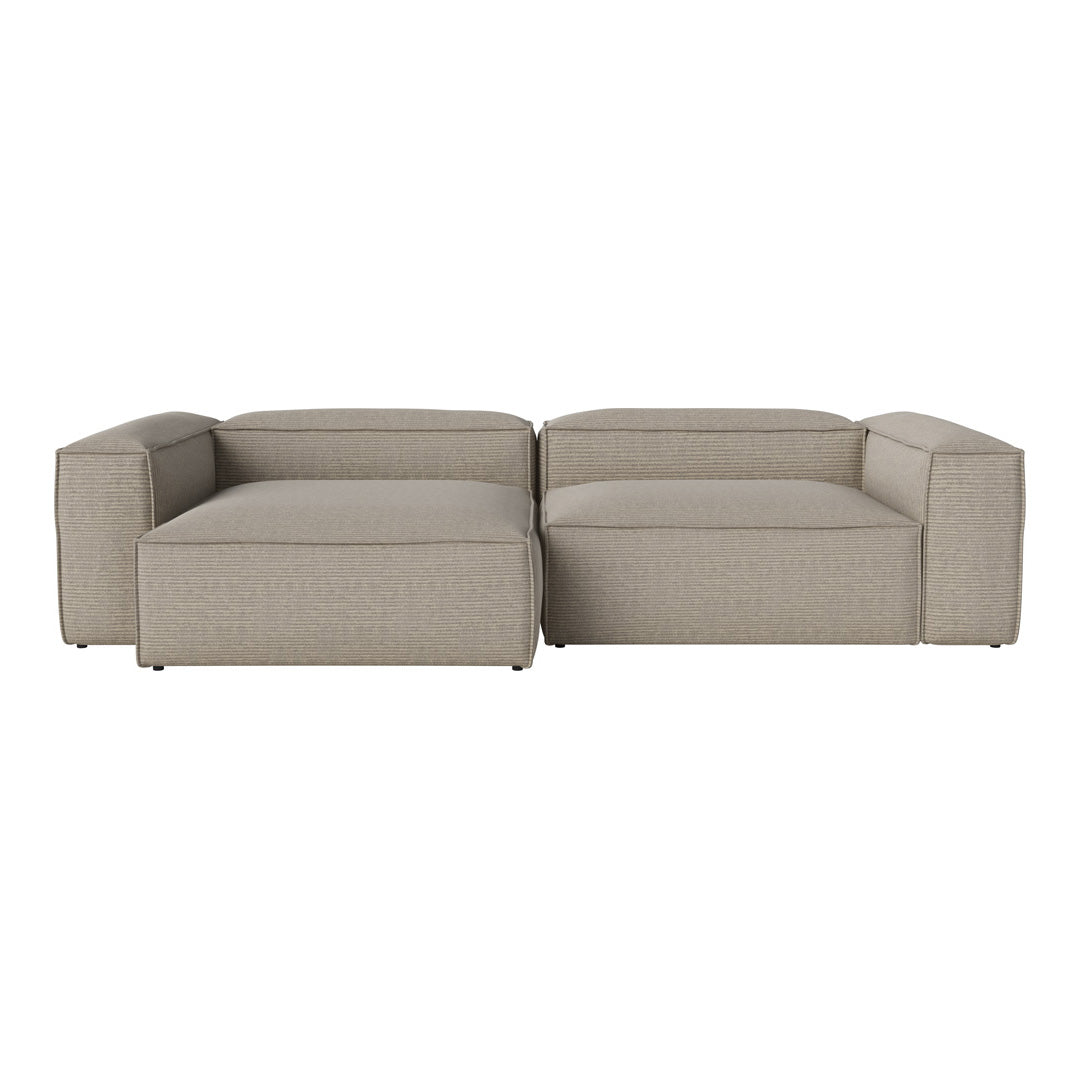 Beige sectional sofa with a textured fabric, featuring clean lines and a modern design. Perfect for contemporary decor.