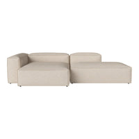 Beige sectional sofa with a textured fabric and minimalist design, featuring clean lines and soft angles.