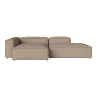 Beige sectional sofa featuring a minimalist design with clean lines and smooth fabric texture.