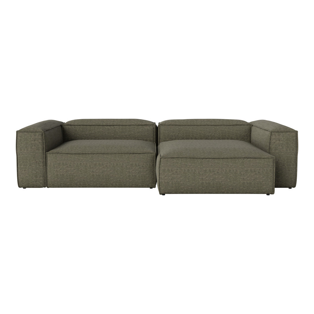Olive green modular sofa with a textured pattern and squared edges, ideal for modern living spaces.