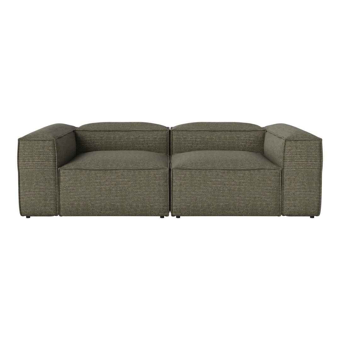 Olive green modular sofa with a textured fabric pattern, featuring contemporary square shapes and clean lines.