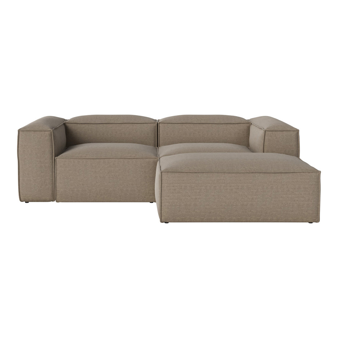 Beige sectional sofa with a textured fabric pattern, featuring clean lines and a modern design.