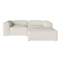 Contemporary L-shaped sectional sofa in sleek white upholstery, featuring a minimalist design and smooth, clean lines.