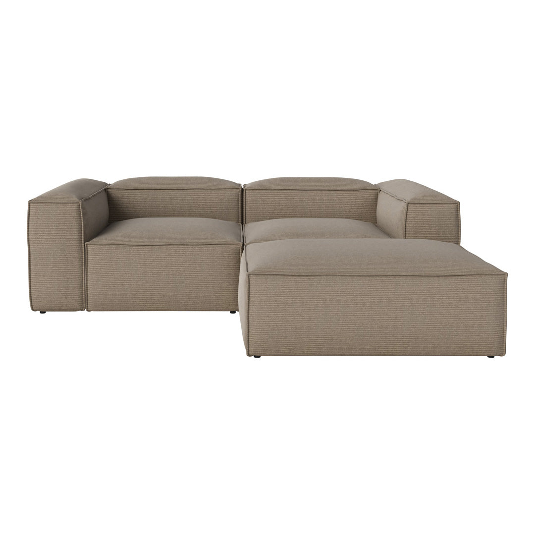 Beige sectional sofa with a modern, minimalist design, featuring a textured fabric and clean lines.