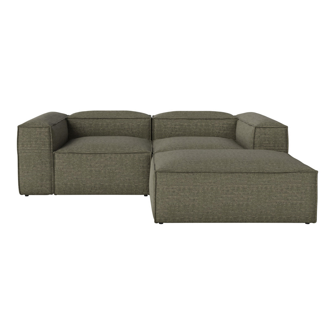 Olive green sectional sofa with a textured fabric pattern, featuring a modern, minimalist design.