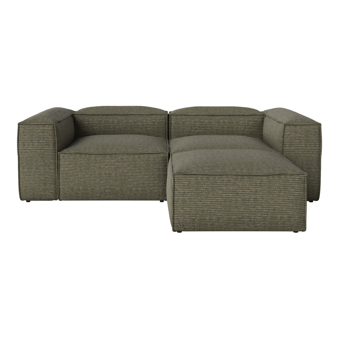 Textured olive green sectional sofa with a modern design, featuring square arms and clean lines. Perfect for contemporary decor.