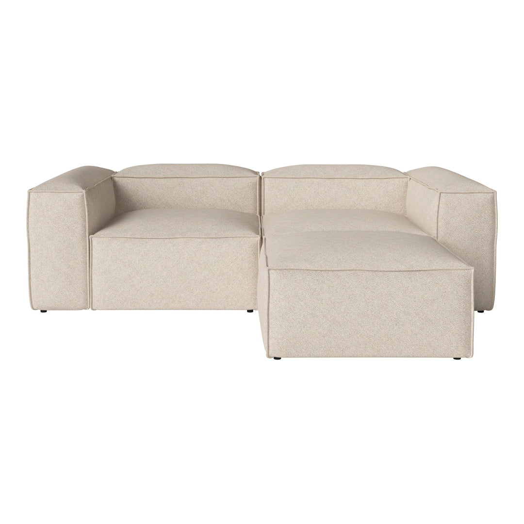 Beige sectional sofa with a smooth, textured fabric and minimalist design, perfect for modern interiors.