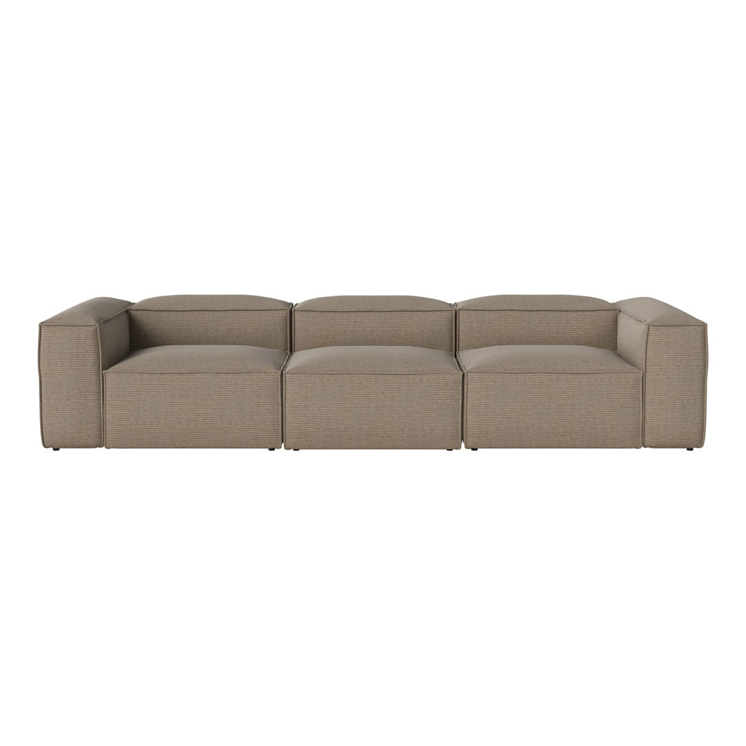 Beige sectional sofa with a modern, textured pattern and clean, boxy lines. Perfect for contemporary living spaces.