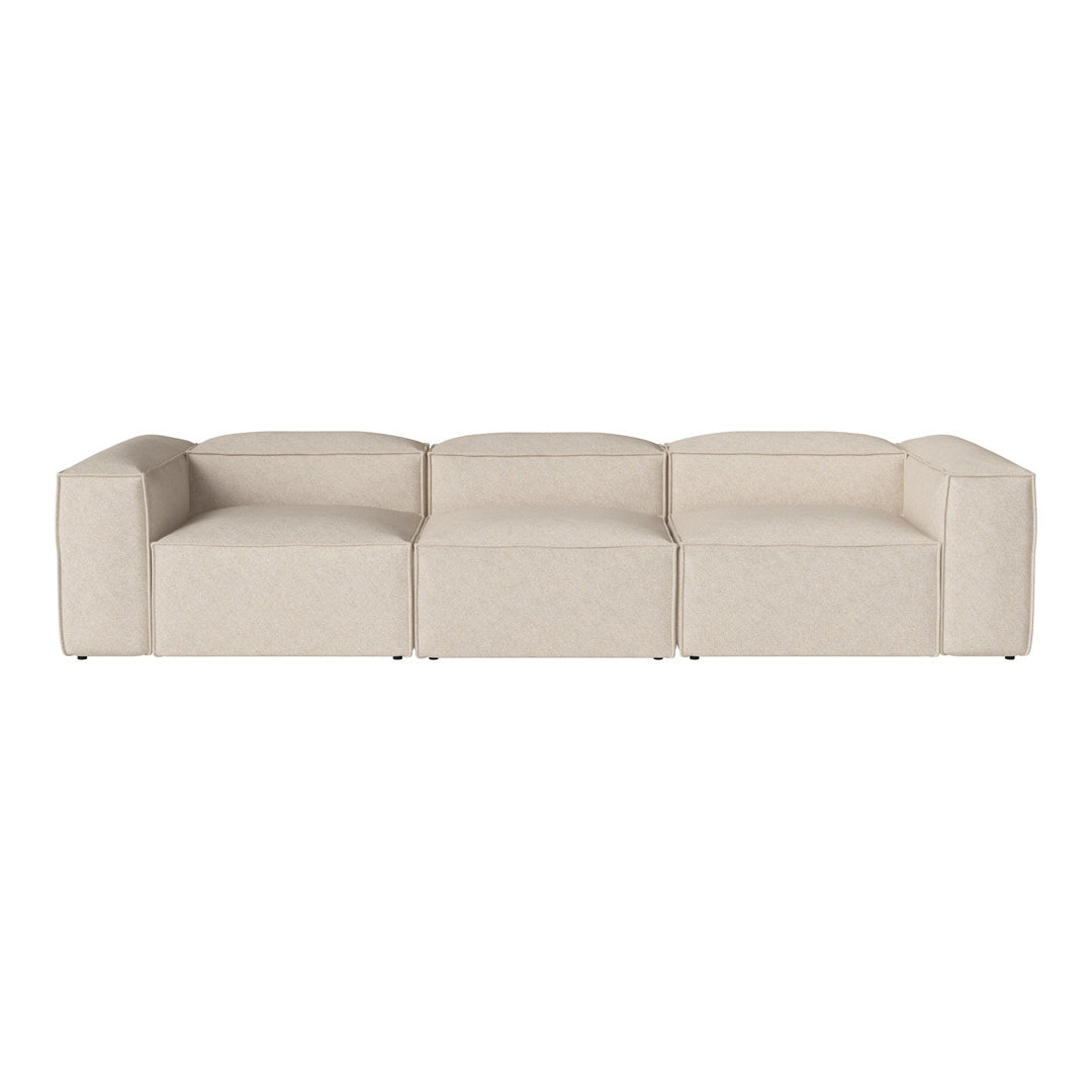 Beige modular sofa with smooth texture and minimalistic design, featuring clean lines and a modern aesthetic.