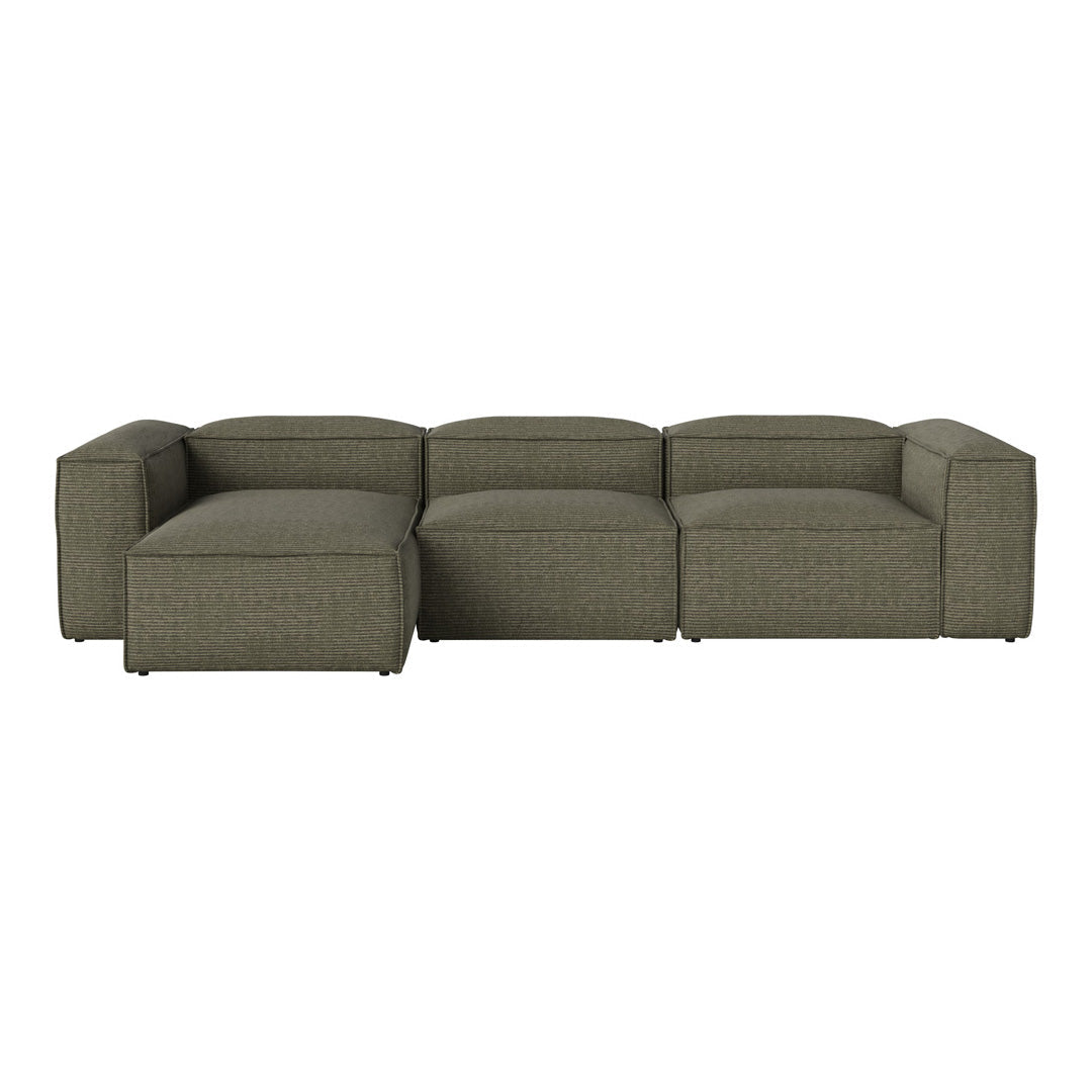 Sleek, modern sectional sofa in a soft olive green fabric with a subtle textured pattern.