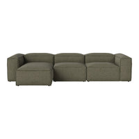 Sleek, modern sectional sofa in a soft olive green fabric with a subtle textured pattern.