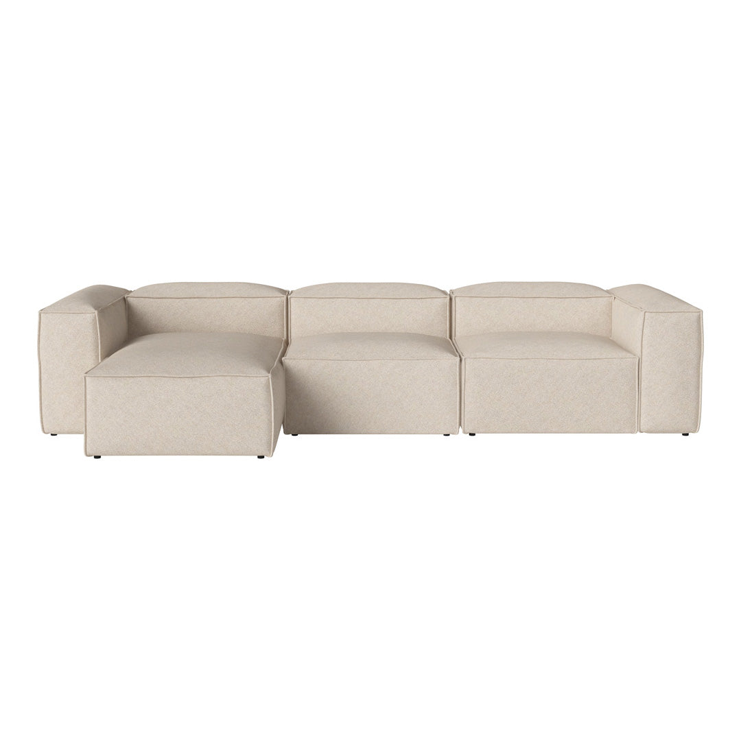 Beige modular sofa with a smooth, textured fabric and minimalist design for contemporary interiors.