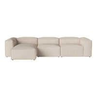 Beige modular sofa with a smooth, textured fabric and minimalist design for contemporary interiors.