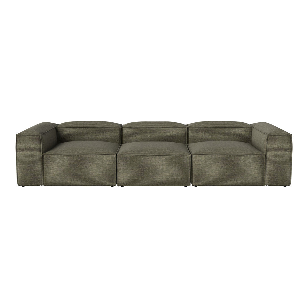 Sleek modular sofa in a muted olive green fabric with a textured pattern, perfect for modern living spaces.