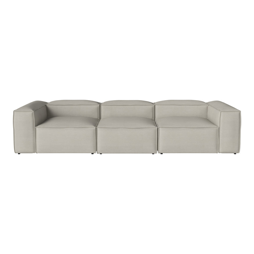 Modern light gray sectional sofa with a sleek, minimalist design and smooth fabric texture.