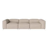 Beige modular sofa with a sleek, modern design and sharp lines, featuring a subtle, smooth texture.