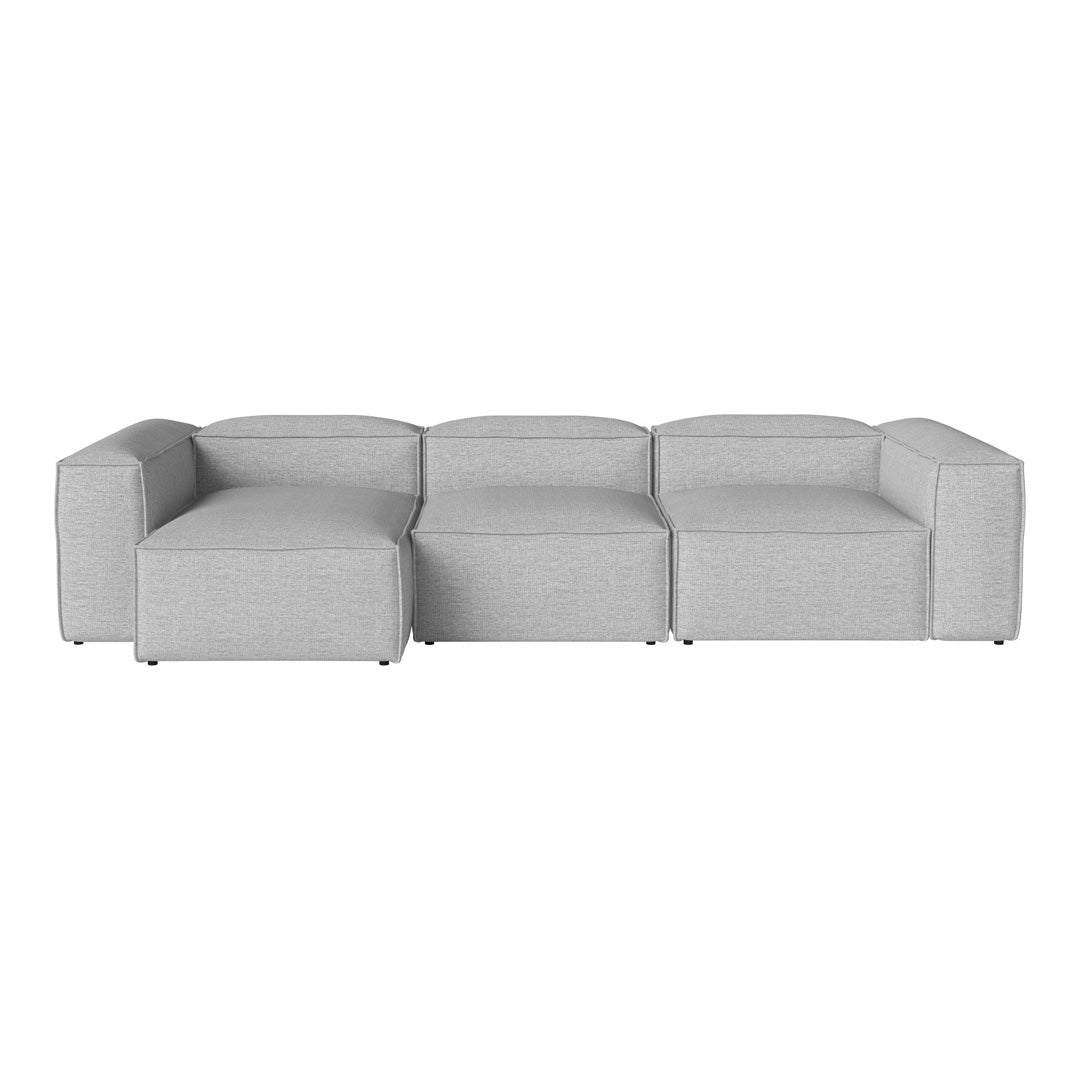 Modern sectional sofa in soft light gray fabric with minimalistic design and clean lines. Perfect for contemporary interiors.