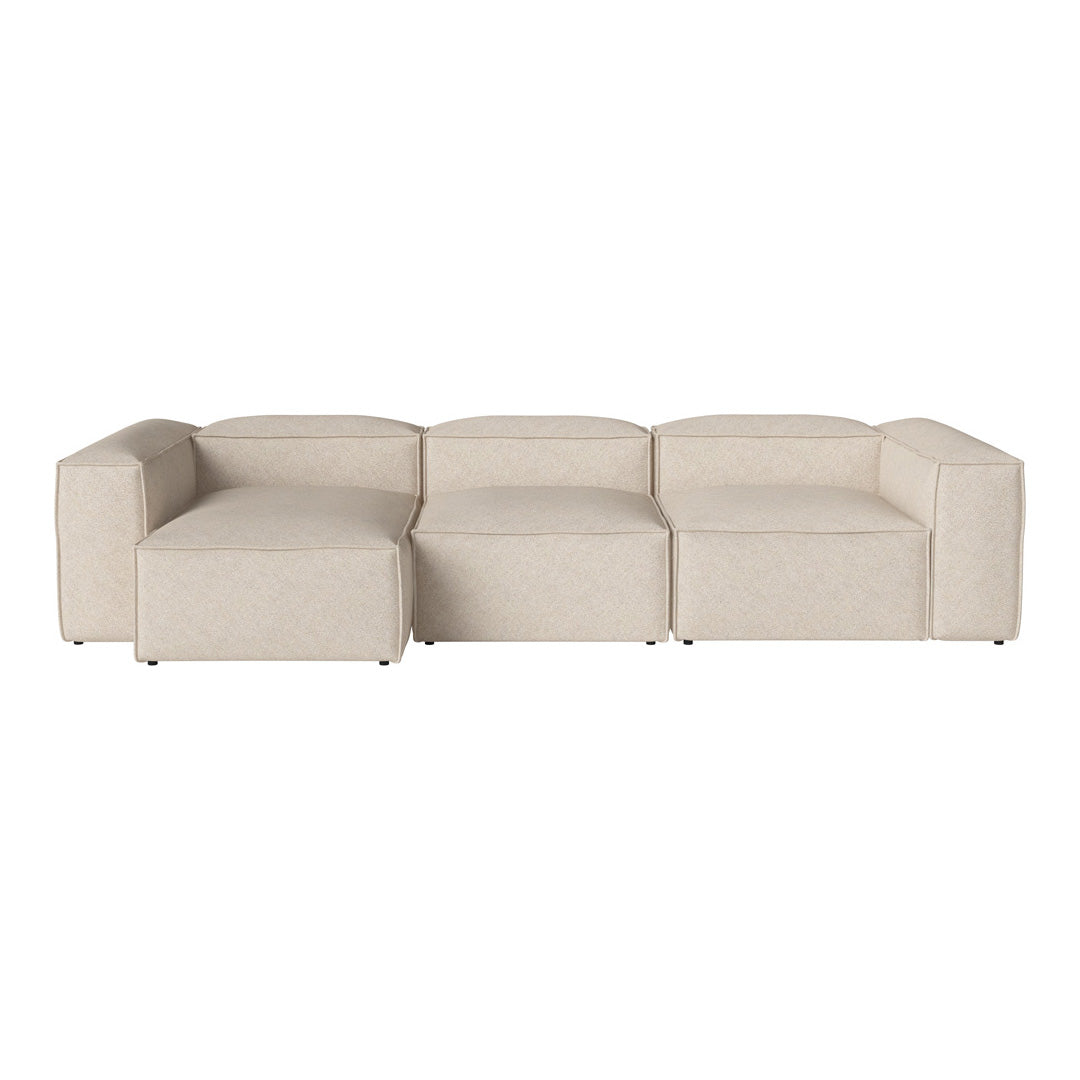 Beige modular sofa with a smooth, textured fabric and minimalistic design, perfect for modern living spaces.