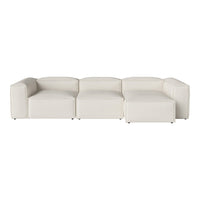 "Modern white sectional sofa with a minimalist design, featuring clean lines and a smooth textured fabric."
