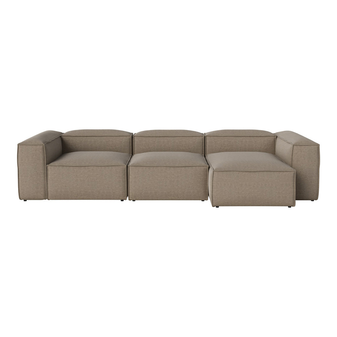 Beige modular sofa with a minimalist design and subtle textured fabric pattern for a modern living space.