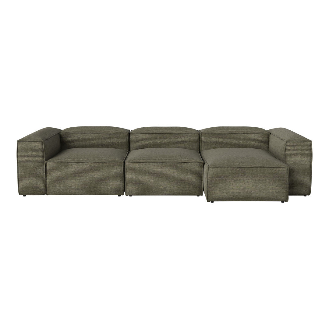 Sleek sectional sofa in muted olive green with a textured, woven pattern for a modern living space.