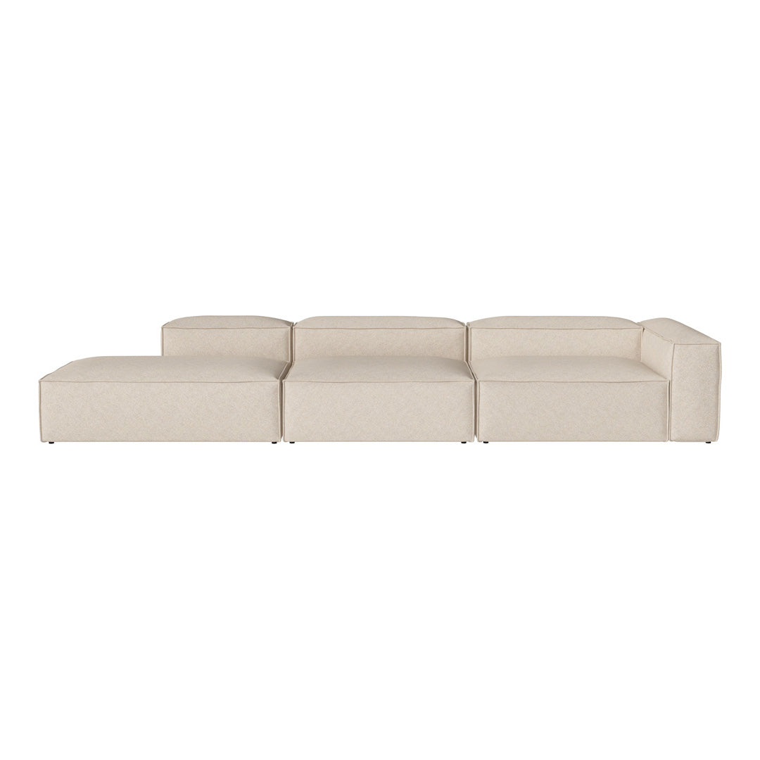 Beige modern sectional sofa with a sleek, minimalist design and smooth fabric texture, perfect for contemporary interiors.