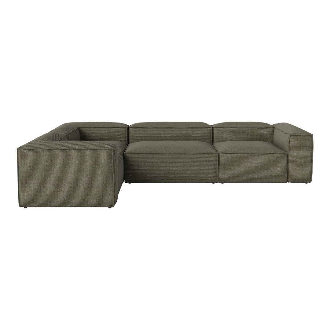 Olive green sectional sofa with a textured weave pattern, perfect for modern living spaces.