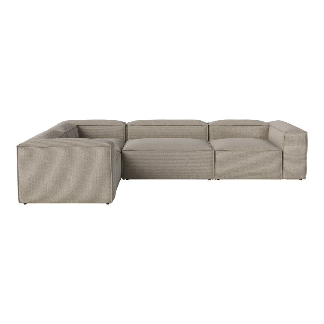 L-shaped sectional sofa in a light beige fabric with a textured pattern.