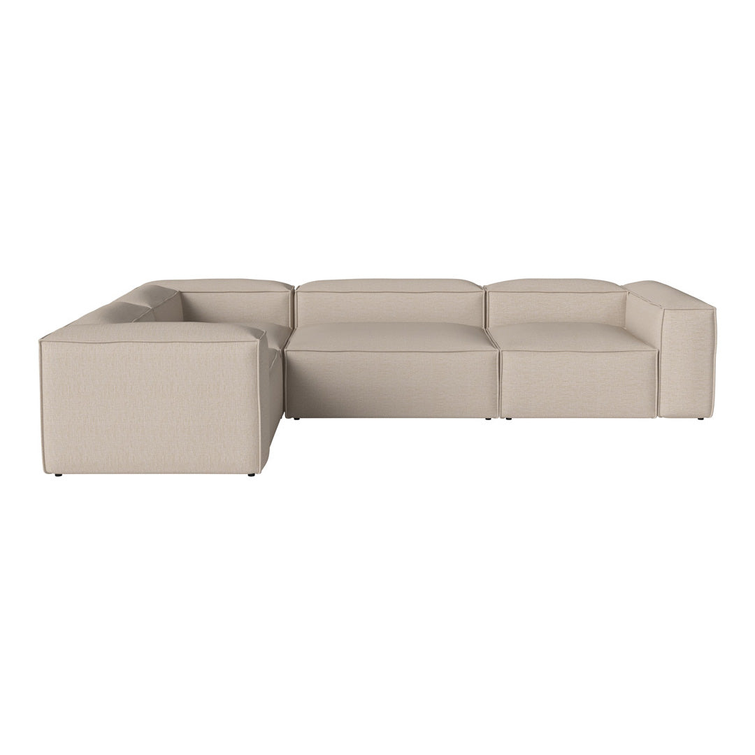 Beige sectional sofa with a minimalist design and smooth, clean lines. Ideal for modern living spaces.