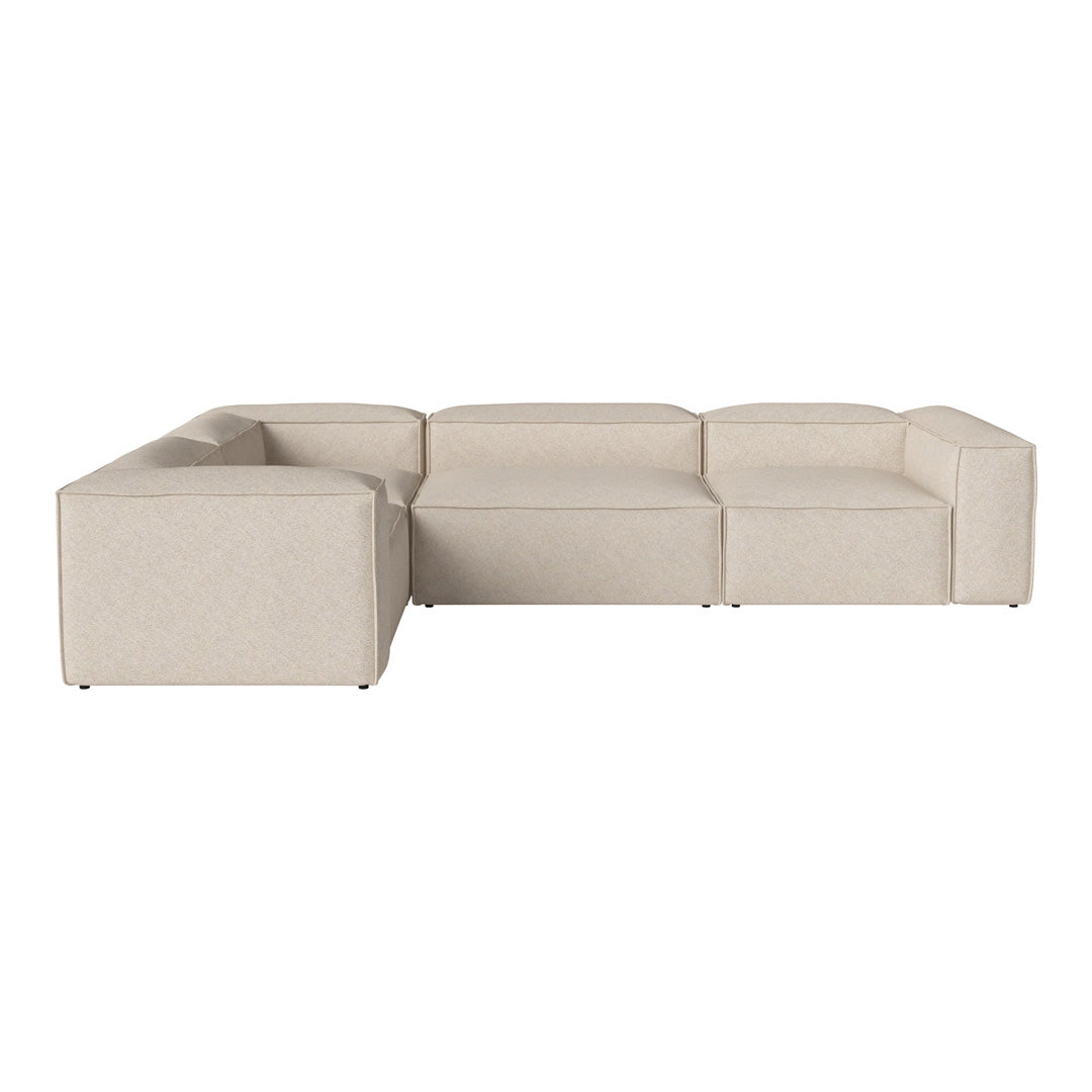 Beige modular sectional sofa with a minimalist design and clean lines. Textured fabric adds subtle charm.