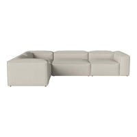 Light beige sectional sofa with a minimalistic design and sleek, smooth fabric. Perfect for modern living spaces.