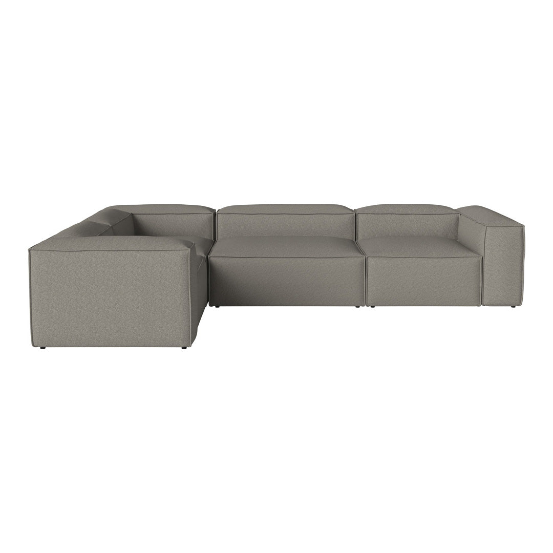 L-shaped sectional sofa in a soft gray fabric with a smooth, modern finish. Ideal for contemporary decor.