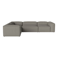 L-shaped sectional sofa in a soft gray fabric with a smooth, modern finish. Ideal for contemporary decor.