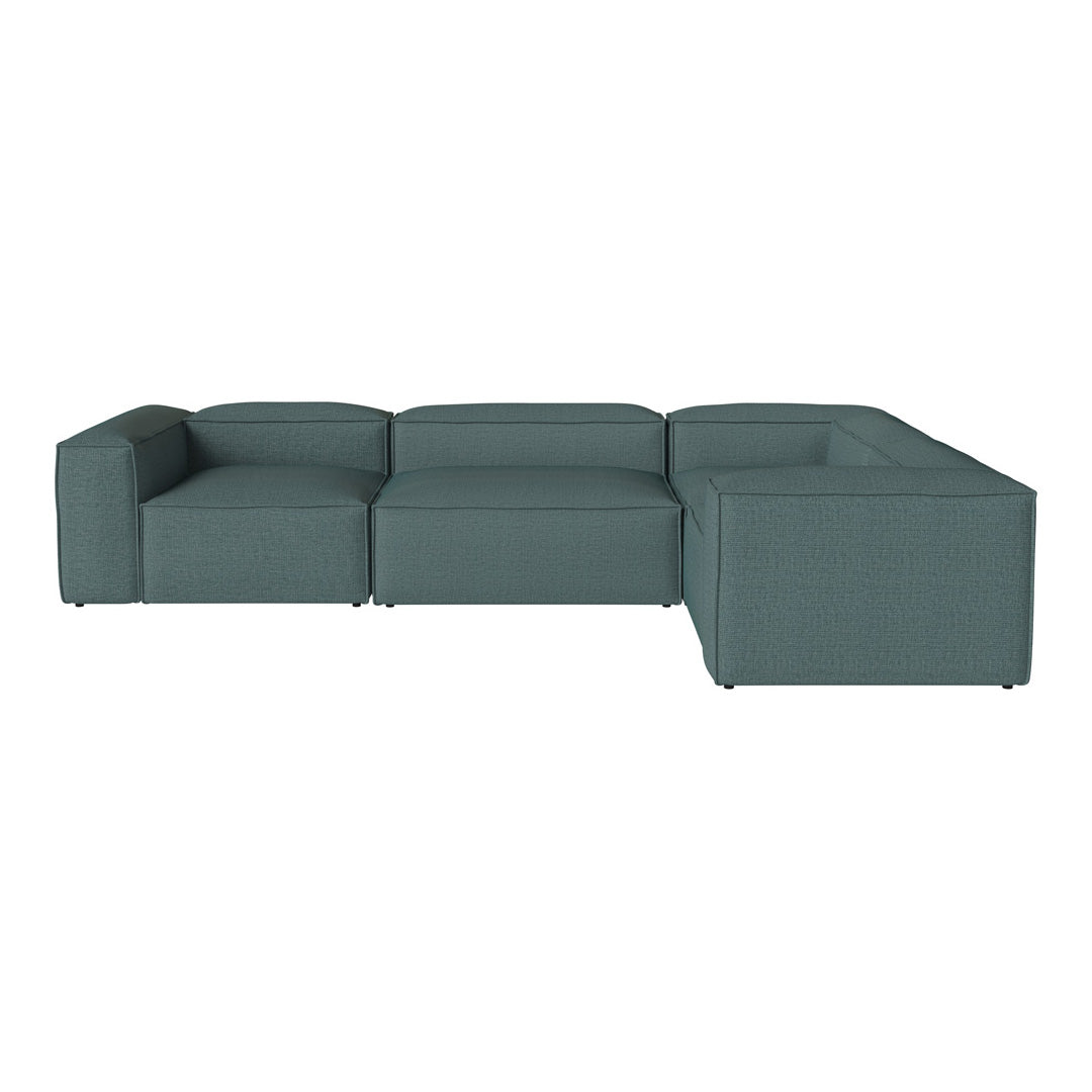 Teal sectional sofa with sleek, modern design and textured fabric pattern. Ideal for contemporary living spaces.
