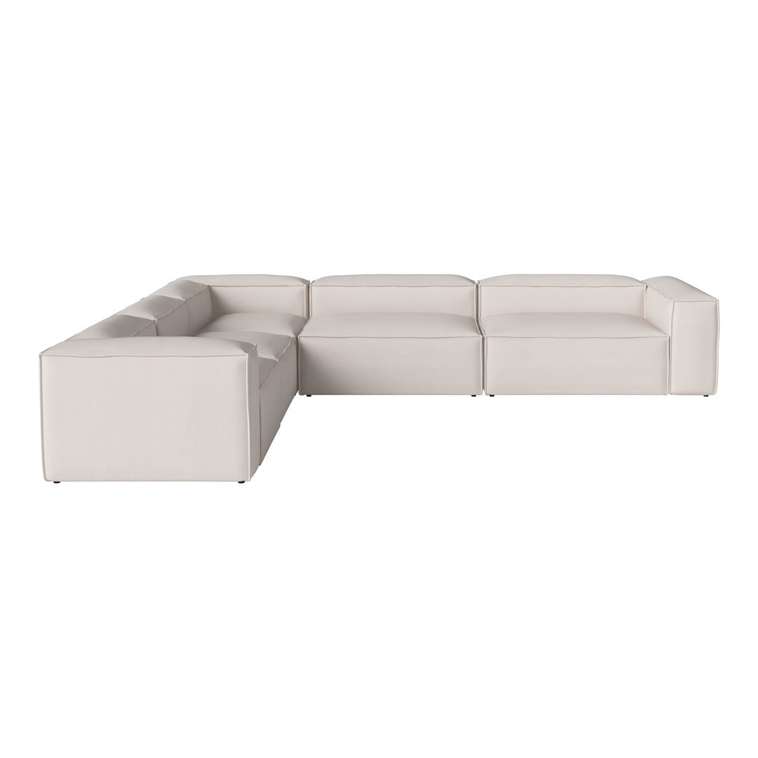 L-shaped sectional sofa in soft white leather, featuring a minimalist design and smooth, sleek surfaces.