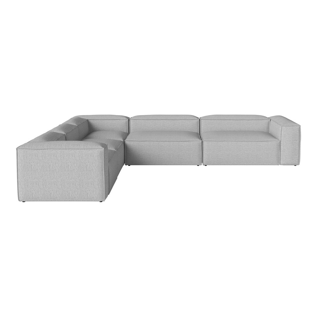 Light gray sectional sofa with a modern, minimalist design, featuring clean lines and a textured fabric finish.