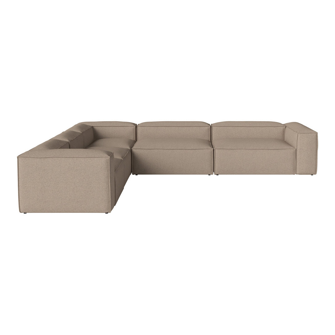 "Beige upholstered sectional sofa with a minimalist design and clean lines, perfect for modern living spaces."