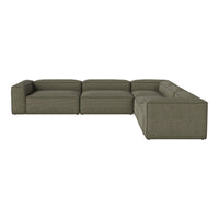 L-shaped sectional sofa in muted olive green fabric with a textured, woven pattern. Perfect for modern living spaces.