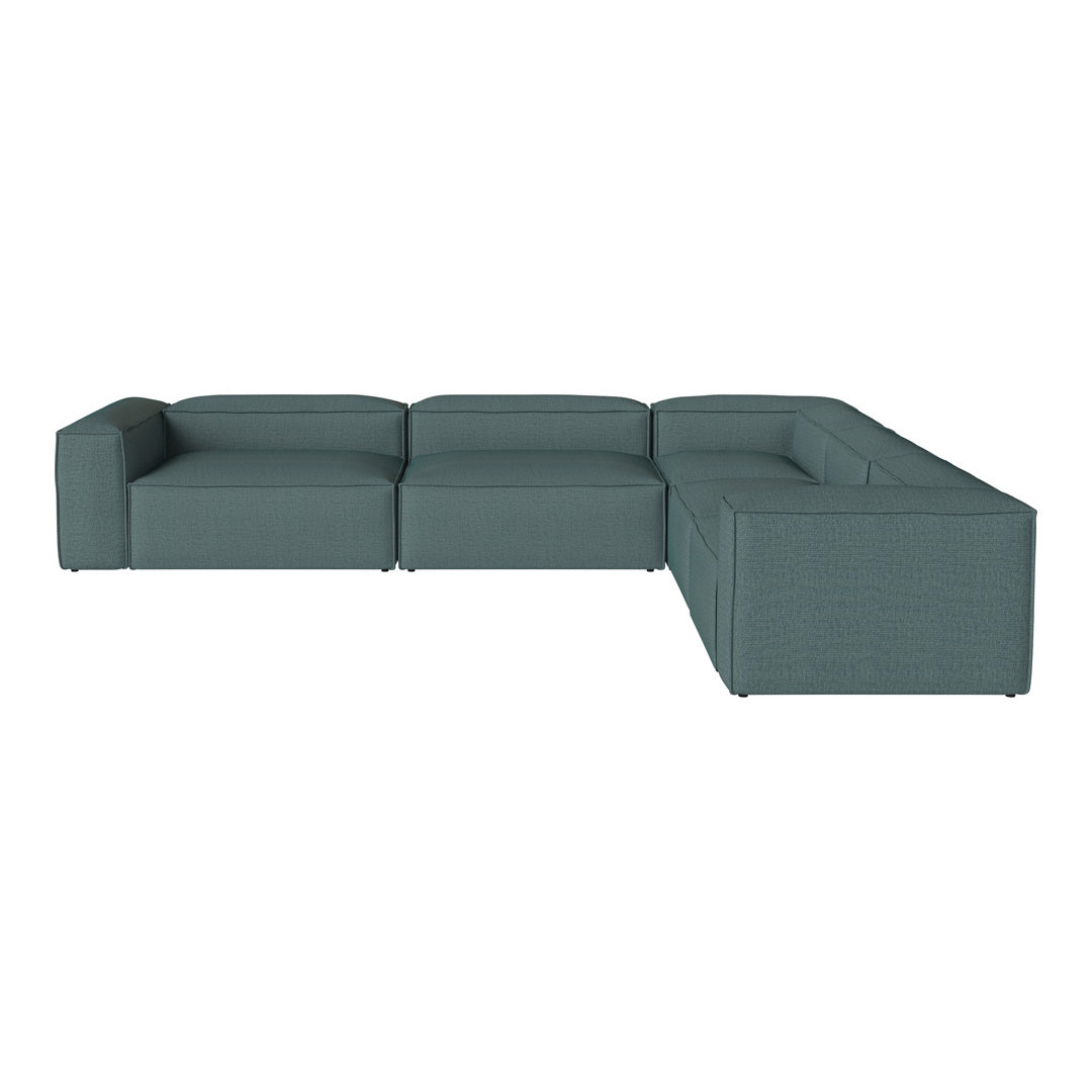 Teal sectional sofa with a modern design, featuring a smooth fabric finish and clean, geometric lines.