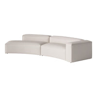 Curved white sofa with a smooth texture and minimalist design, perfect for modern living spaces.