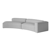 Curved gray sectional sofa with a smooth, modern fabric texture, perfect for contemporary living spaces.