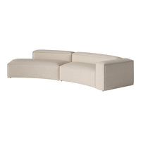 Curved sofa in soft beige fabric with a subtle textured pattern, perfect for modern living spaces.
