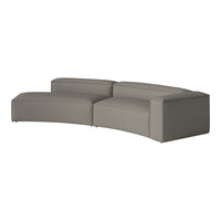 Curved light gray sectional sofa with a textured fabric, featuring clean lines and minimalistic design.