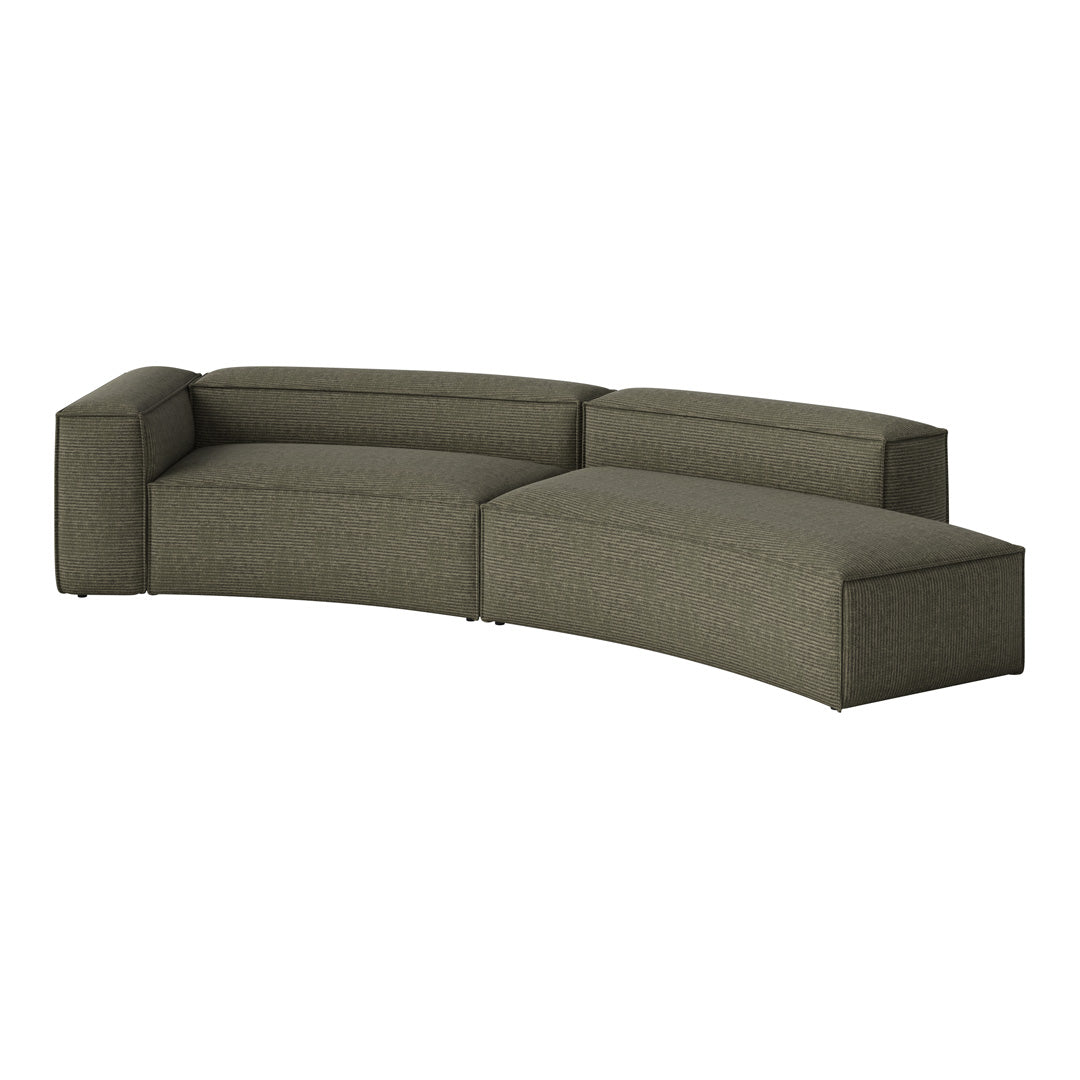 Curved sofa in muted olive green with subtle textured patterns for a modern, sophisticated look.