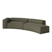 Curved sofa in muted olive green with subtle textured patterns for a modern, sophisticated look.