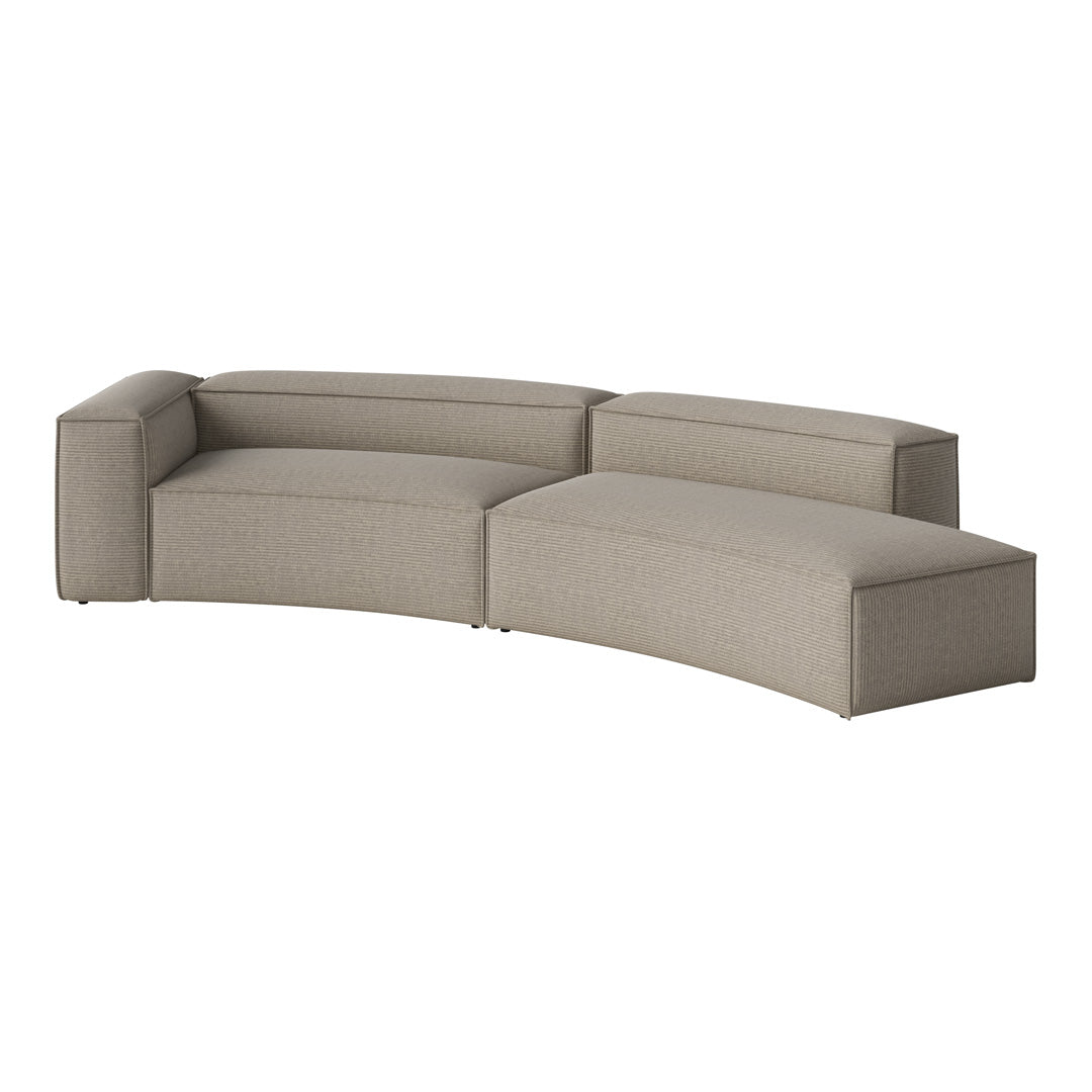 Curved sectional sofa in a soft taupe color with subtle textured stripes for a modern, minimalist look.