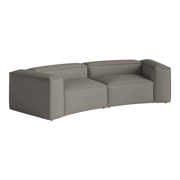 Modern curved sofa in soft gray upholstery with a textured pattern, perfect for stylish living spaces.