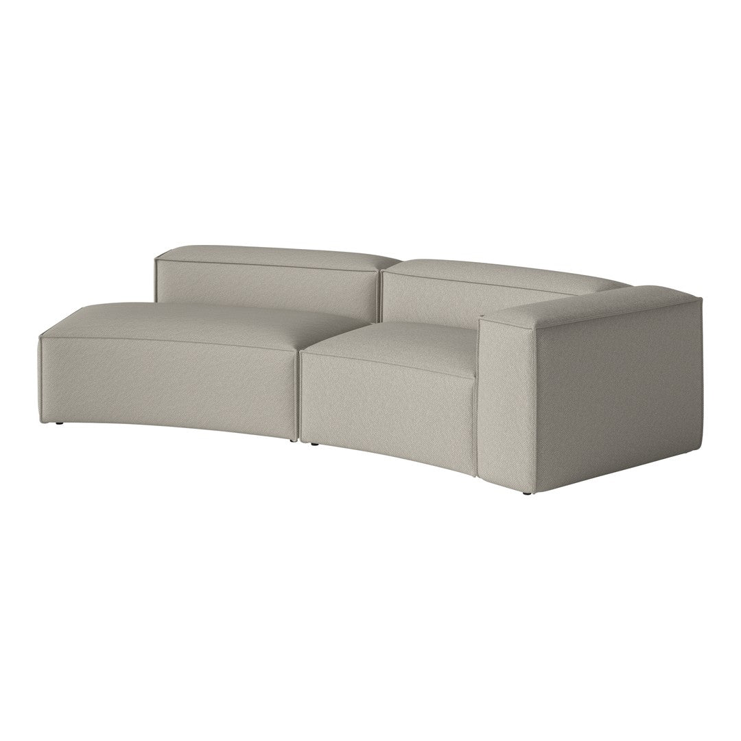Curved sectional sofa in soft gray fabric with a minimalist texture, perfect for modern living spaces.