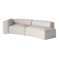 Curved beige sectional sofa with a smooth, modern design and minimalist aesthetic, perfect for contemporary spaces.